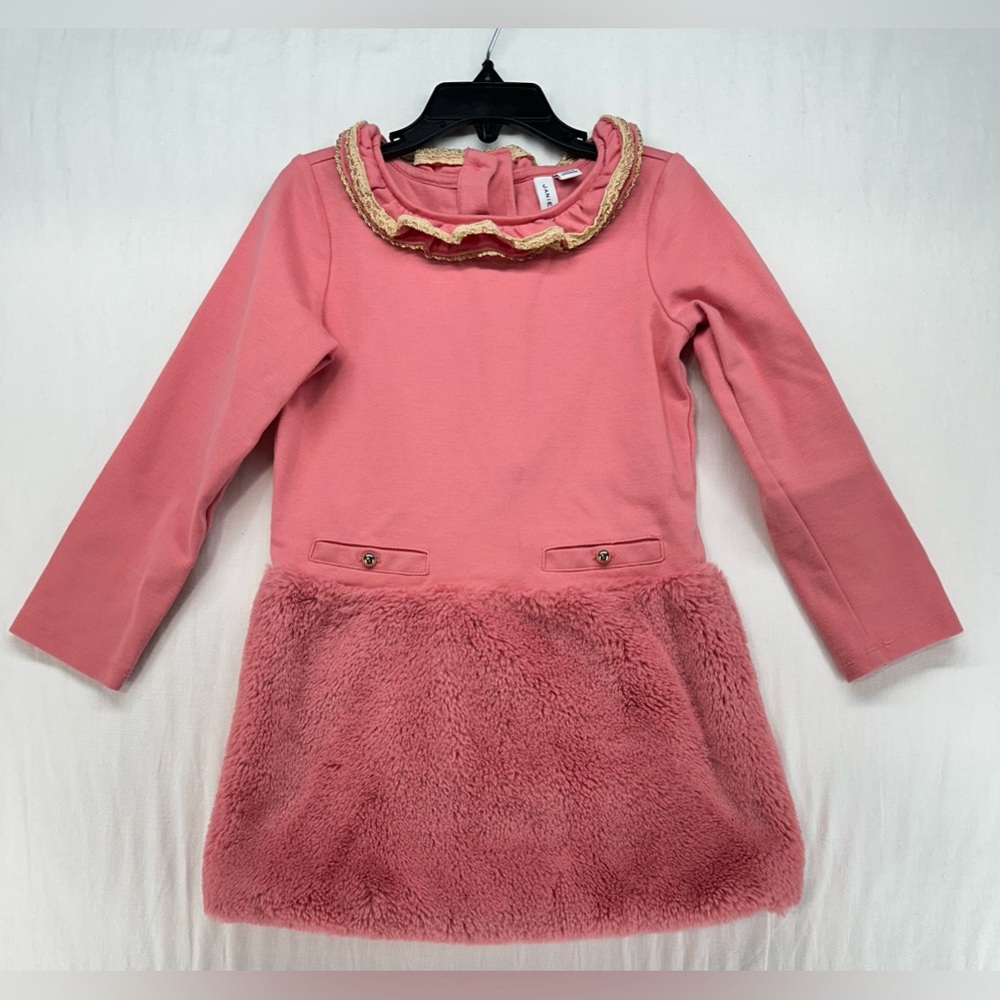 JANIE‎ AND JACK Coral Faux Fur Ponte Dress Ruffle Collar Gold Trim Size 4
